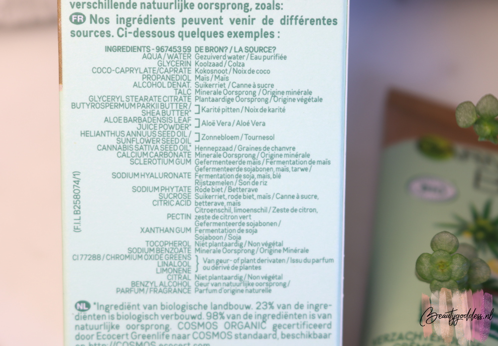 Garnier Bio Herstellende Hennep dagcreme ingrediënten